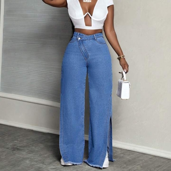 Women's Asymmetrical High Waisted Slit Straight Wide Leg Jeans - Picture 6 of 6